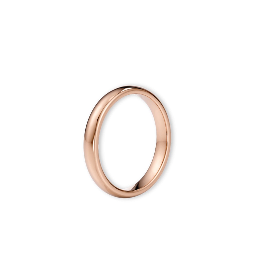 Giftering i roségull 3 mm stående sett fra siden – buet og smal profil.