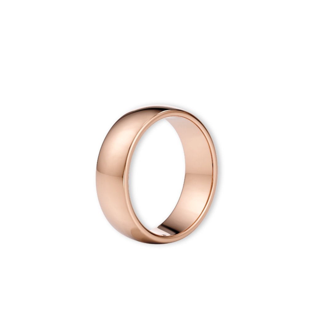 Giftering i roségull 6 mm stående sett fra siden – bred og avrundet profil.