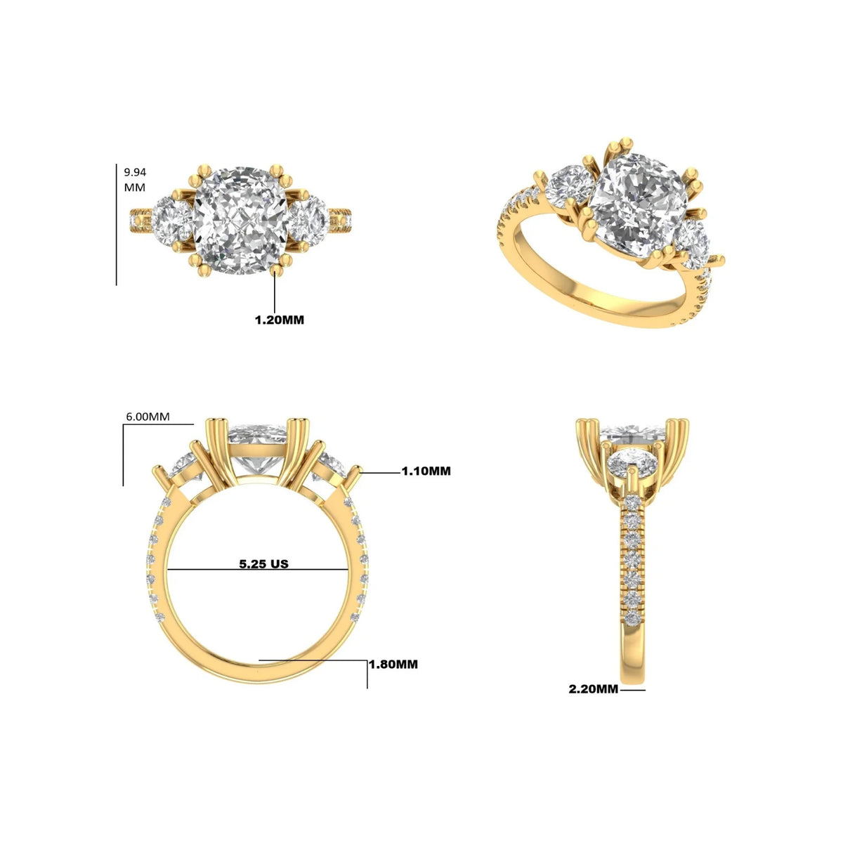 CAD-tegning av skreddersydd diamantring i gult gull med mål og detaljer – Hartwell custom design