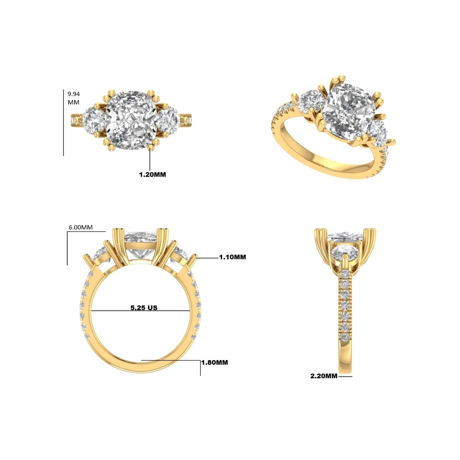 CAD-tegning av skreddersydd diamantring i gult gull med mål og detaljer – Hartwell custom design
