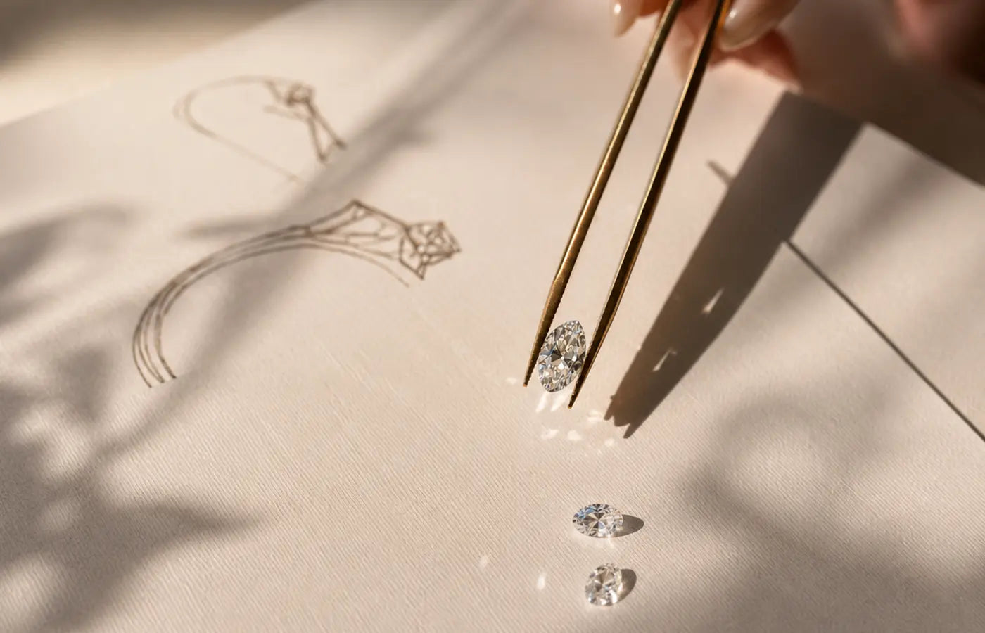 Håndskisse av en ring med løse lab-diamanter holdt i gylne pinsetter, en del av Hartwells designprosess