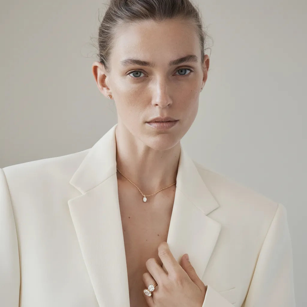 Kvinne med enstens diamantøredobber i lab-diamant fra Hartwell – elegant nærbilde.