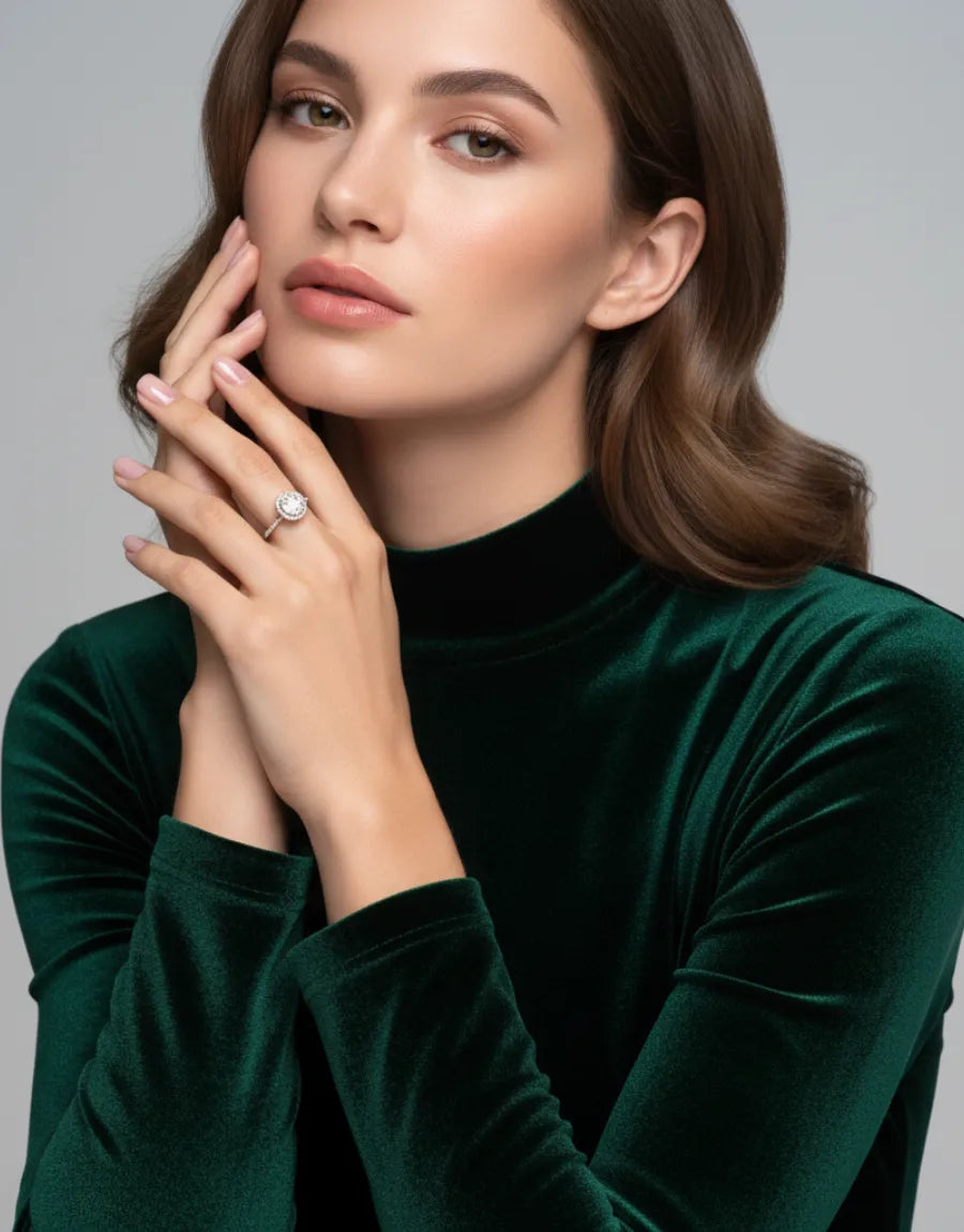 Kvinne med elegant forlovelsesring i lab-diamant fra Hartwell, i resirkulert hvitt gull.