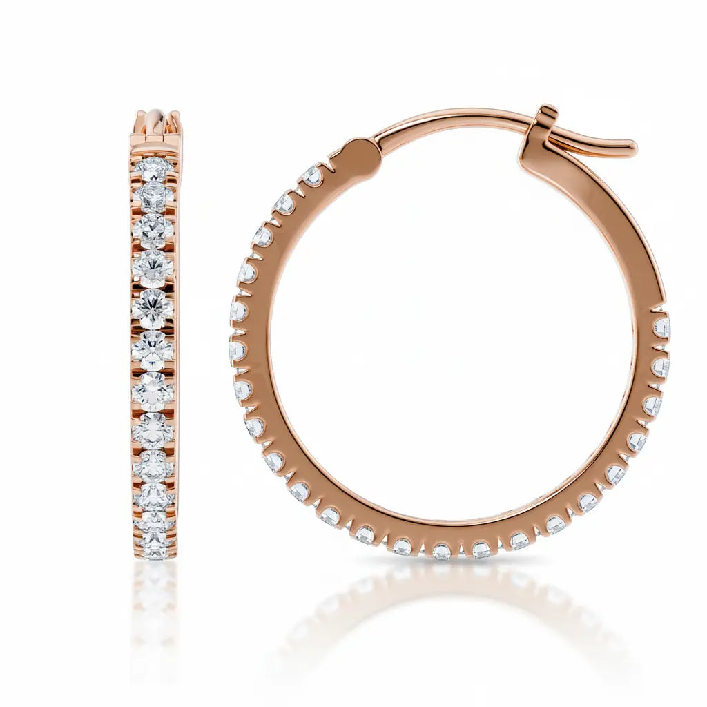 Roségull hoops med 46 briljanter – sett forfra og fra siden.