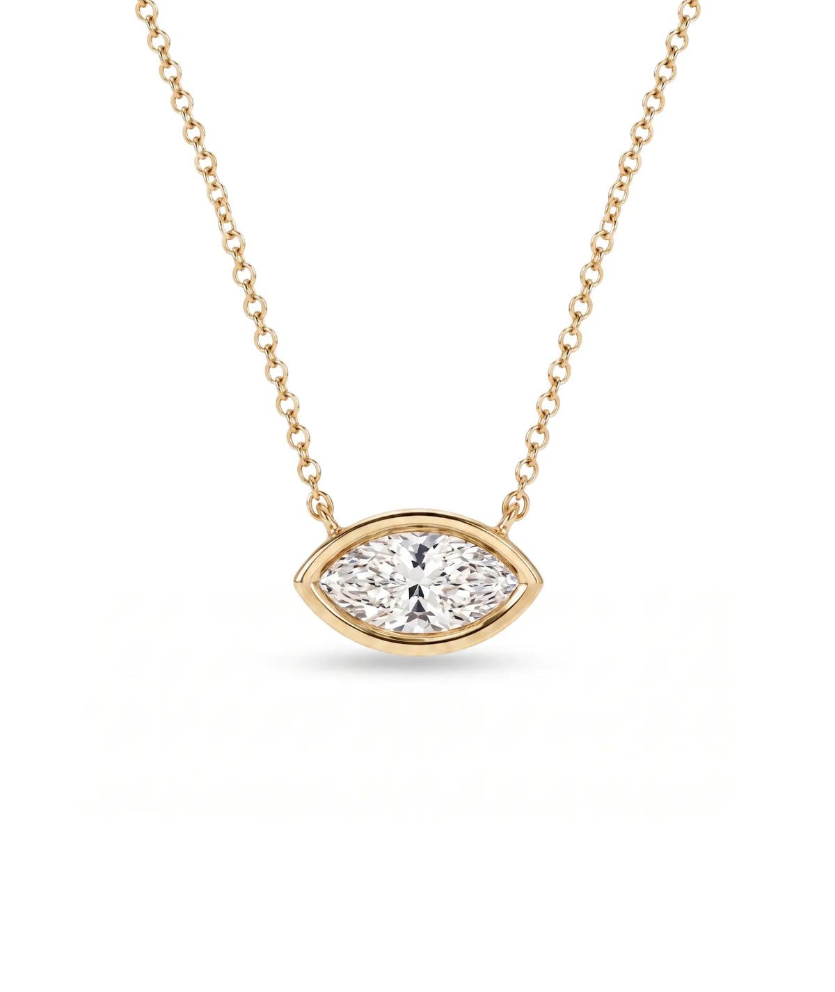 Marquise diamanthalskjede i bezelinnfatning, 14K gult gull.