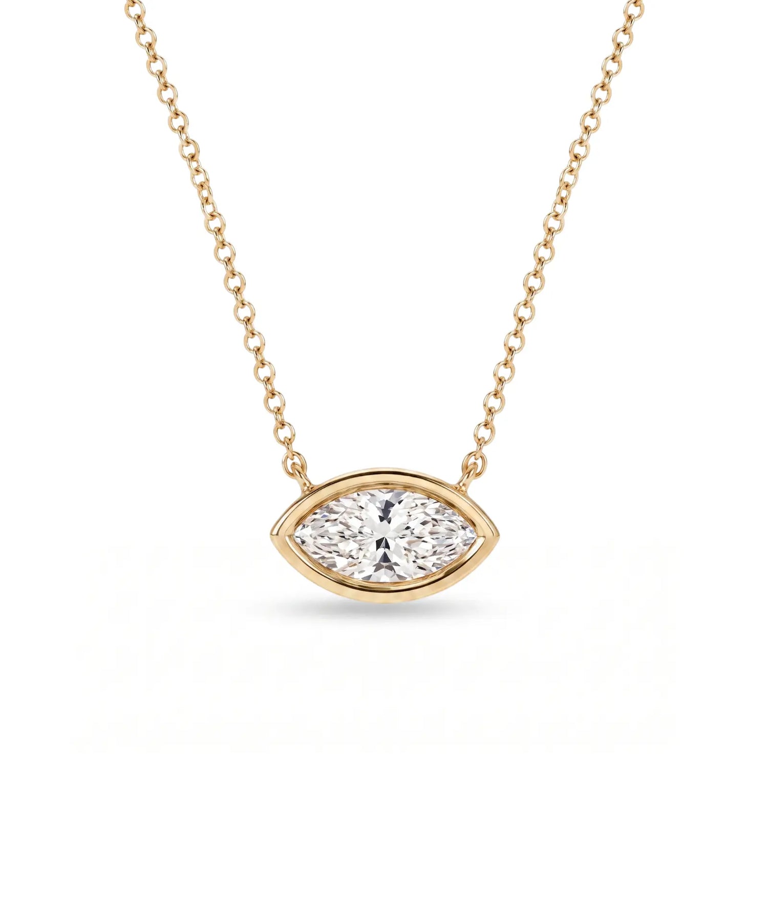 Marquise diamanthalskjede i bezelinnfatning, 14K gult gull.