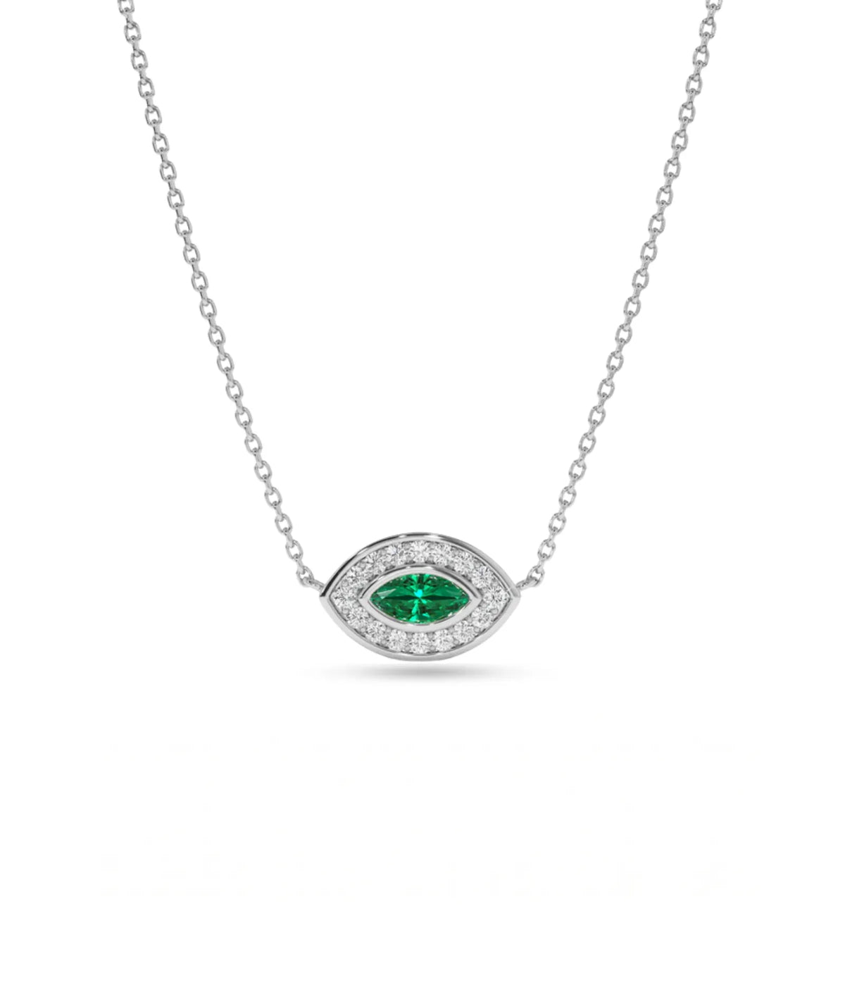 Marquise smaragd- og diamanthalskjede i haloinnfatning, 14K hvitt gull