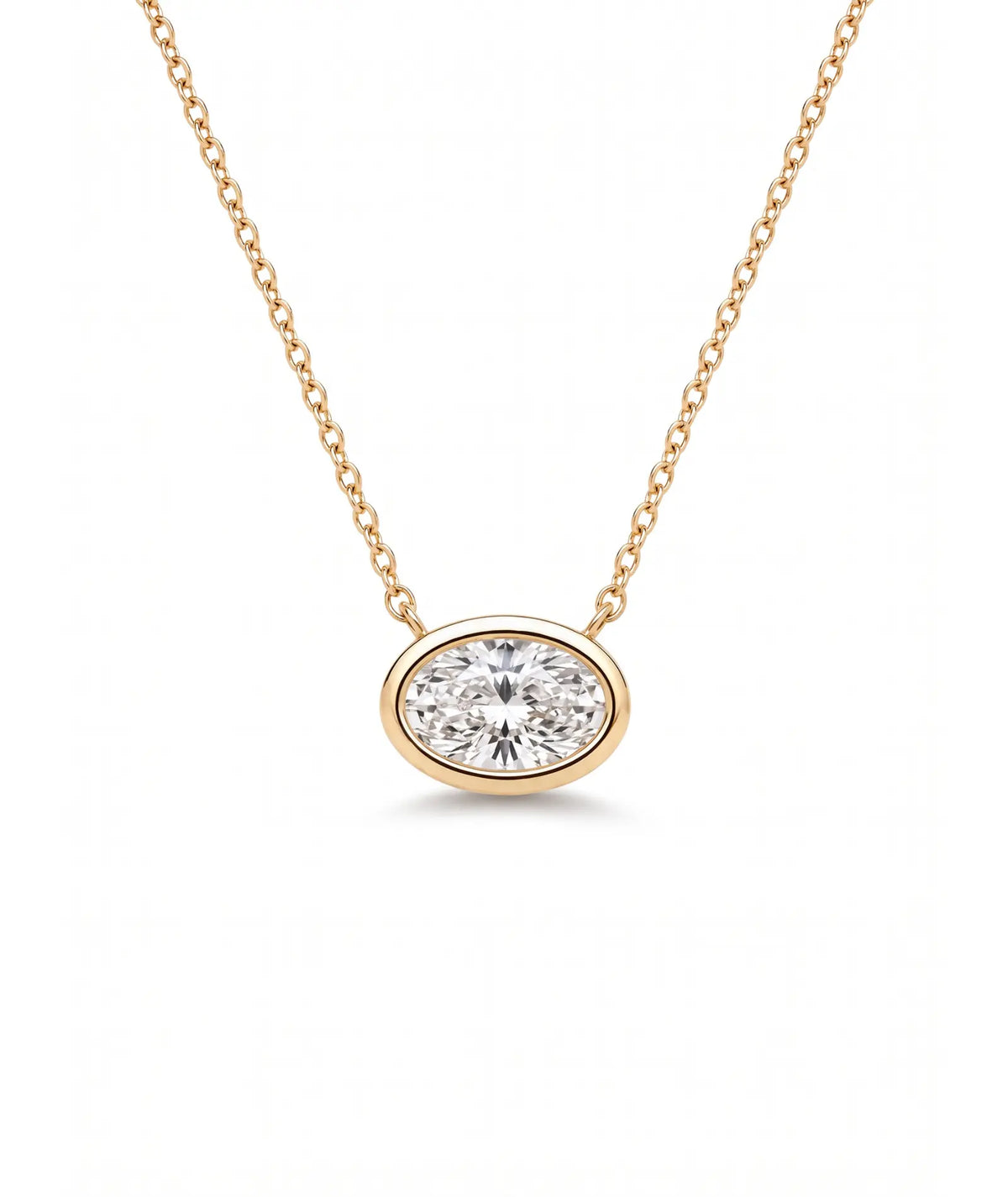 Oval diamanthalskjede i bezelinnfatning, 14K gult gull.