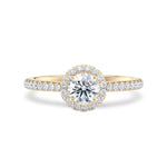 Rosettring gult gull, 0,82 ct lab diamant, vist liggende forfra, designet av Hartwell.