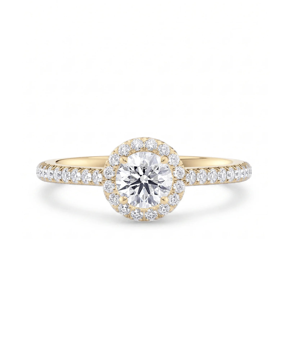 Rosettring gult gull, 0,82 ct lab diamant, vist liggende forfra, designet av Hartwell.