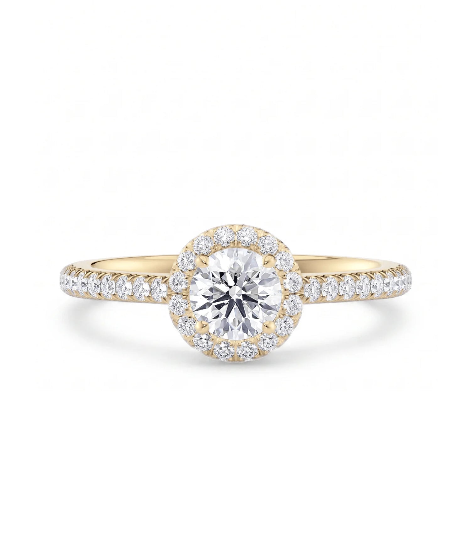 Rosettring gult gull, 0,82 ct lab diamant, vist liggende forfra, designet av Hartwell.