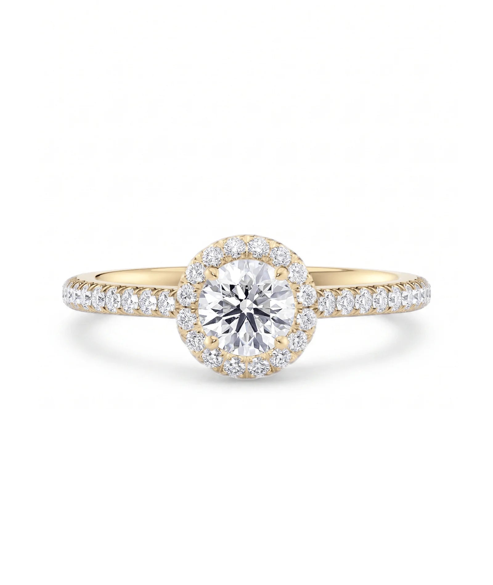 Rosettring gult gull, 0,82 ct lab diamant, vist liggende forfra, designet av Hartwell.