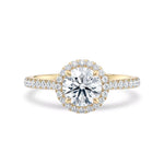 Rosettring gult gull, 1,46 ct lab diamant, vist liggende forfra, designet av Hartwell.