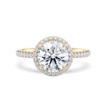 Rosettring gult gull, 2,49 ct lab diamant, vist liggende forfra, designet av Hartwell.