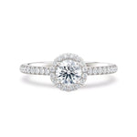Rosettring hvitt gull, 0,82 ct lab diamant, vist liggende forfra, designet av Hartwell.