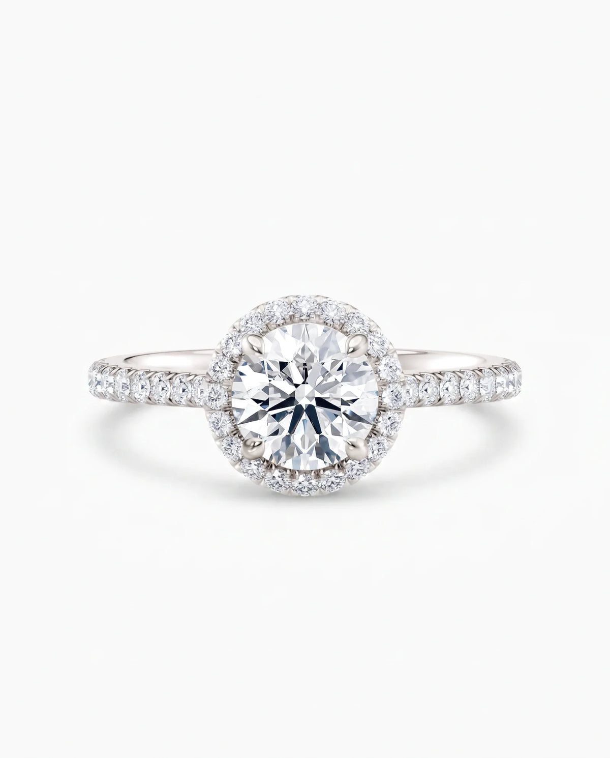 Rosettring hvitt gull, 1,46 ct lab diamant, vist liggende forfra, designet av Hartwell.