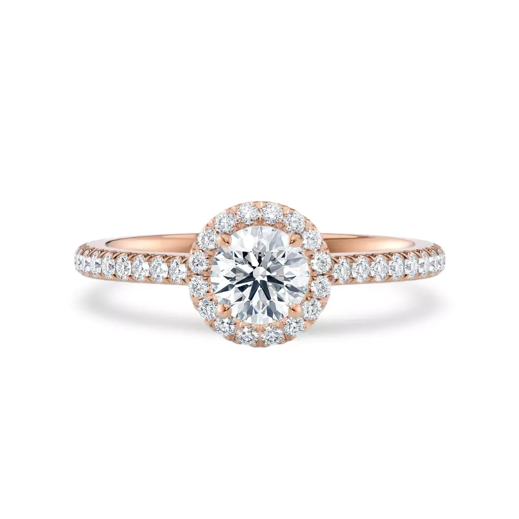 Rosettring roségull 0,82 ct lab diamant, vist liggende forfra, designet av Hartwell.