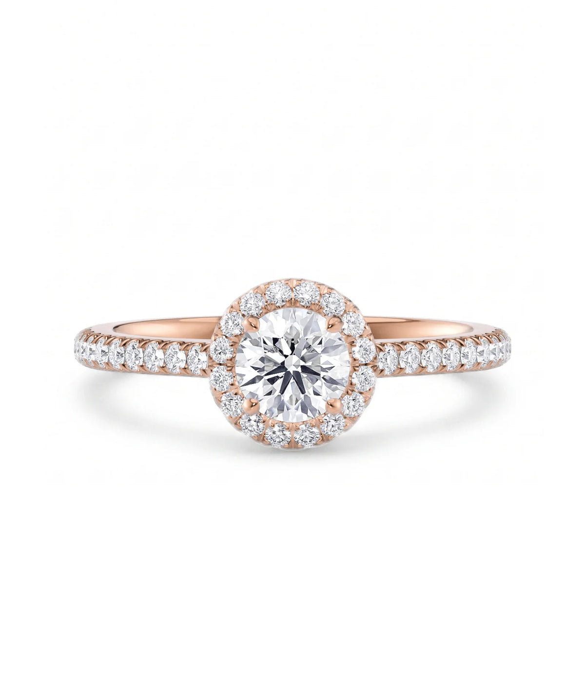 Rosettring roségull 0,82 ct lab diamant, vist liggende forfra, designet av Hartwell.