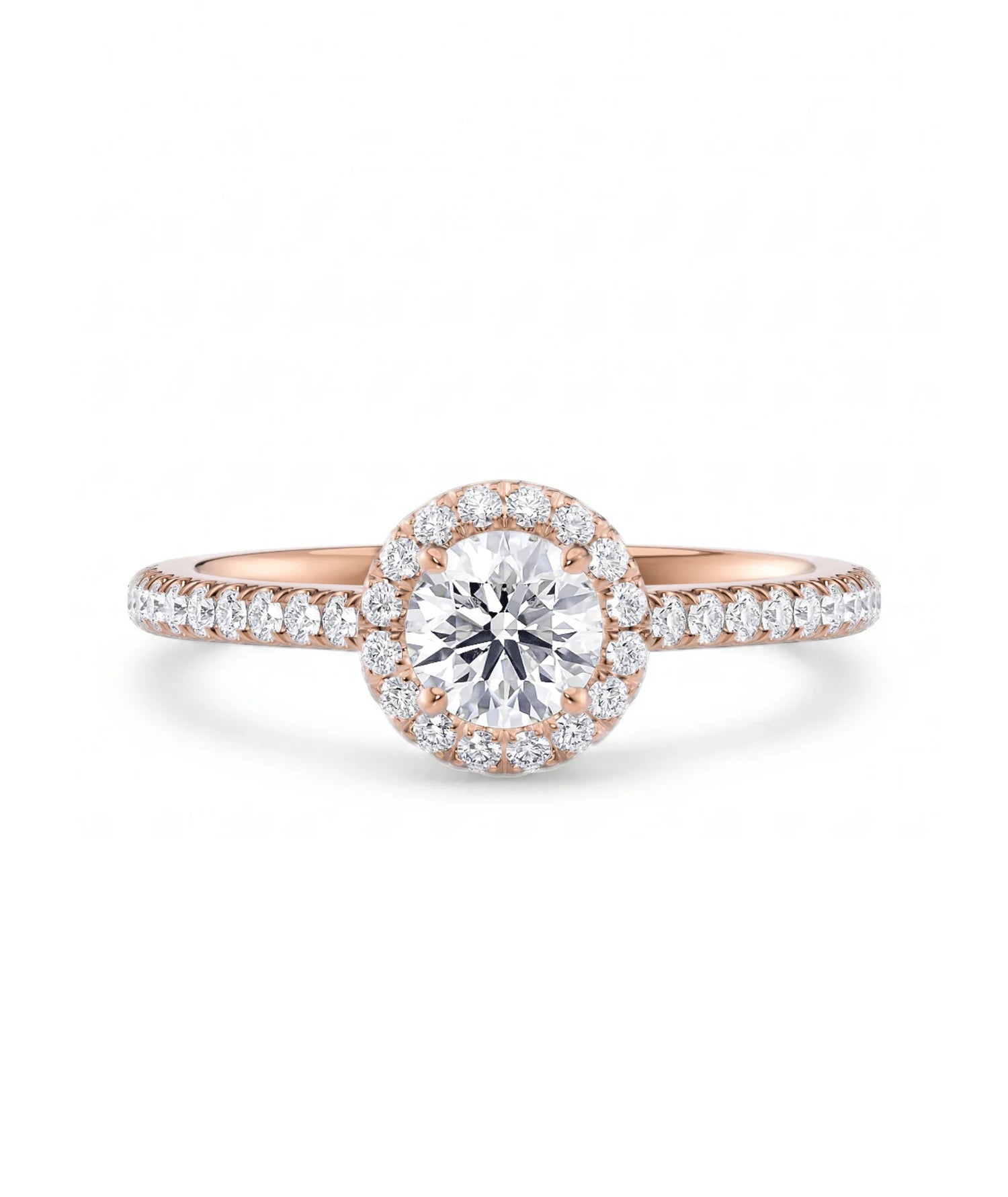 Rosettring roségull 0,82 ct lab diamant, vist liggende forfra, designet av Hartwell.