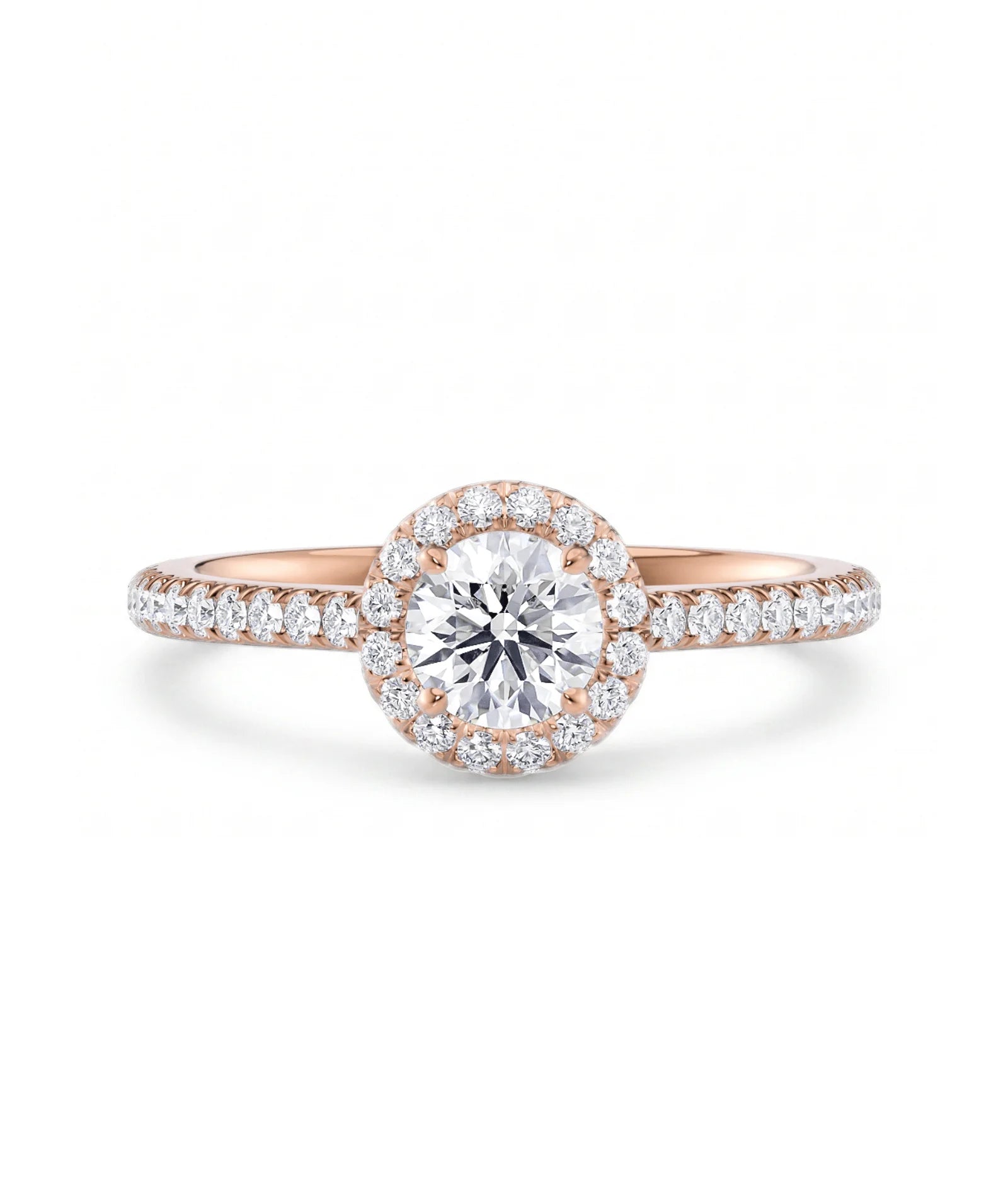 Rosettring roségull 0,82 ct lab diamant, vist liggende forfra, designet av Hartwell.