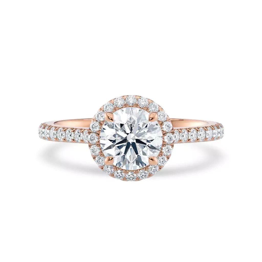 Rosettring roségull 1,46 ct lab diamant, vist liggende forfra, designet av Hartwell.