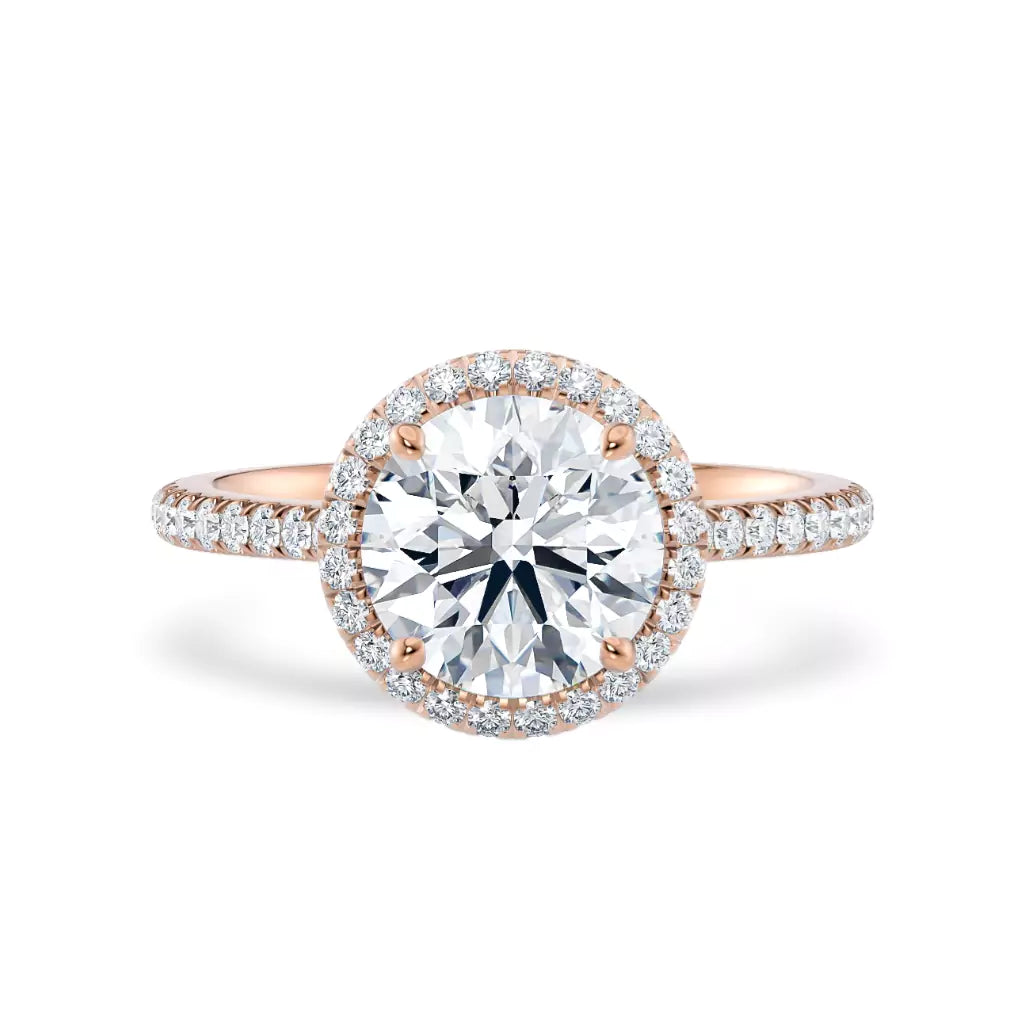 Rosettring roségull 2,49 ct lab diamant, vist liggende forfra, designet av Hartwell.