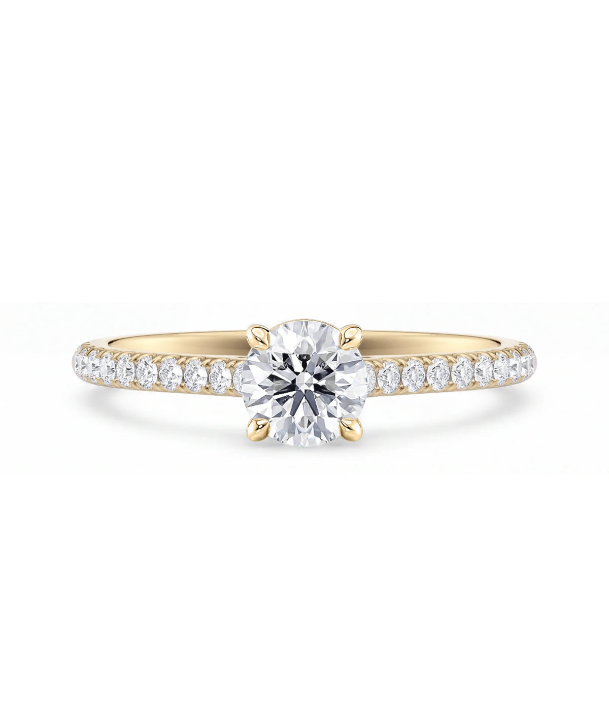 Tynn diamantring pavé gult gull 0,76 ct med lab-diamant, vist liggende forfra, designet av Hartwell.