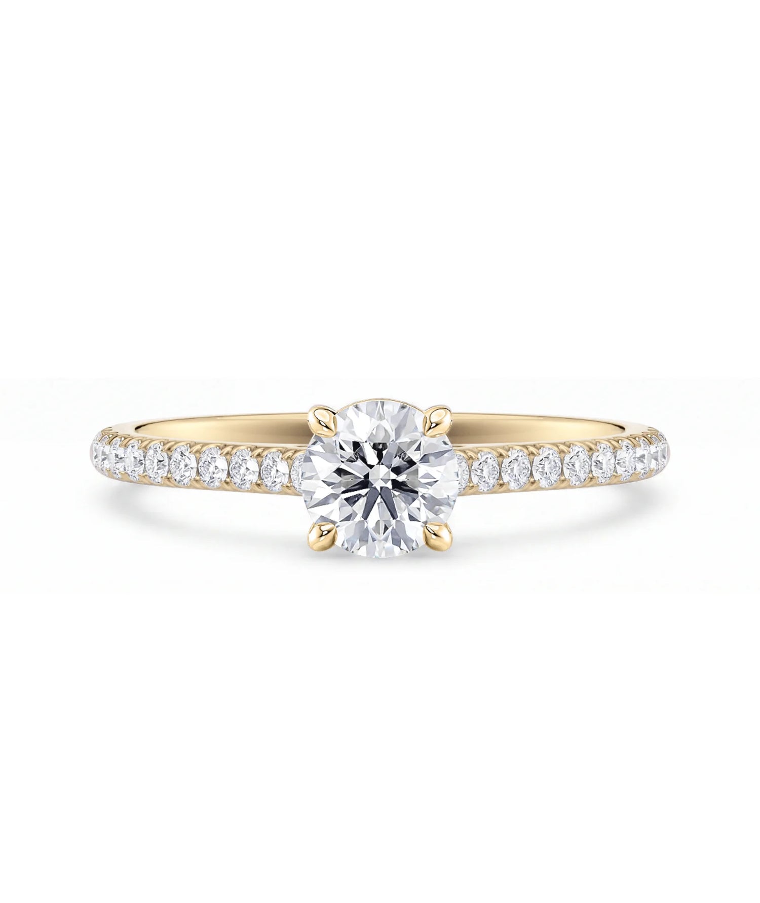 Tynn diamantring pavé gult gull 0,76 ct med lab-diamant, vist liggende forfra, designet av Hartwell.