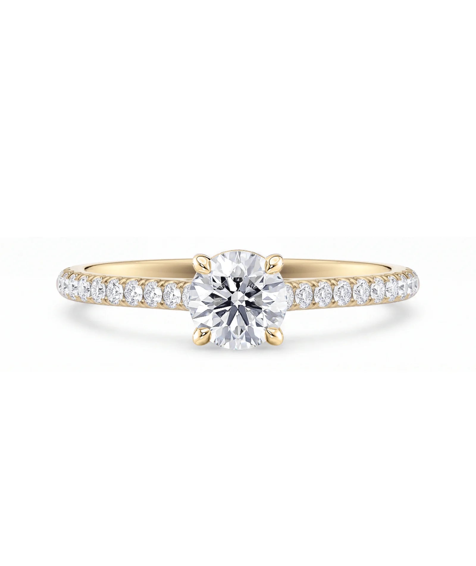 Tynn diamantring pavé gult gull 0,76 ct med lab-diamant, vist liggende forfra, designet av Hartwell.