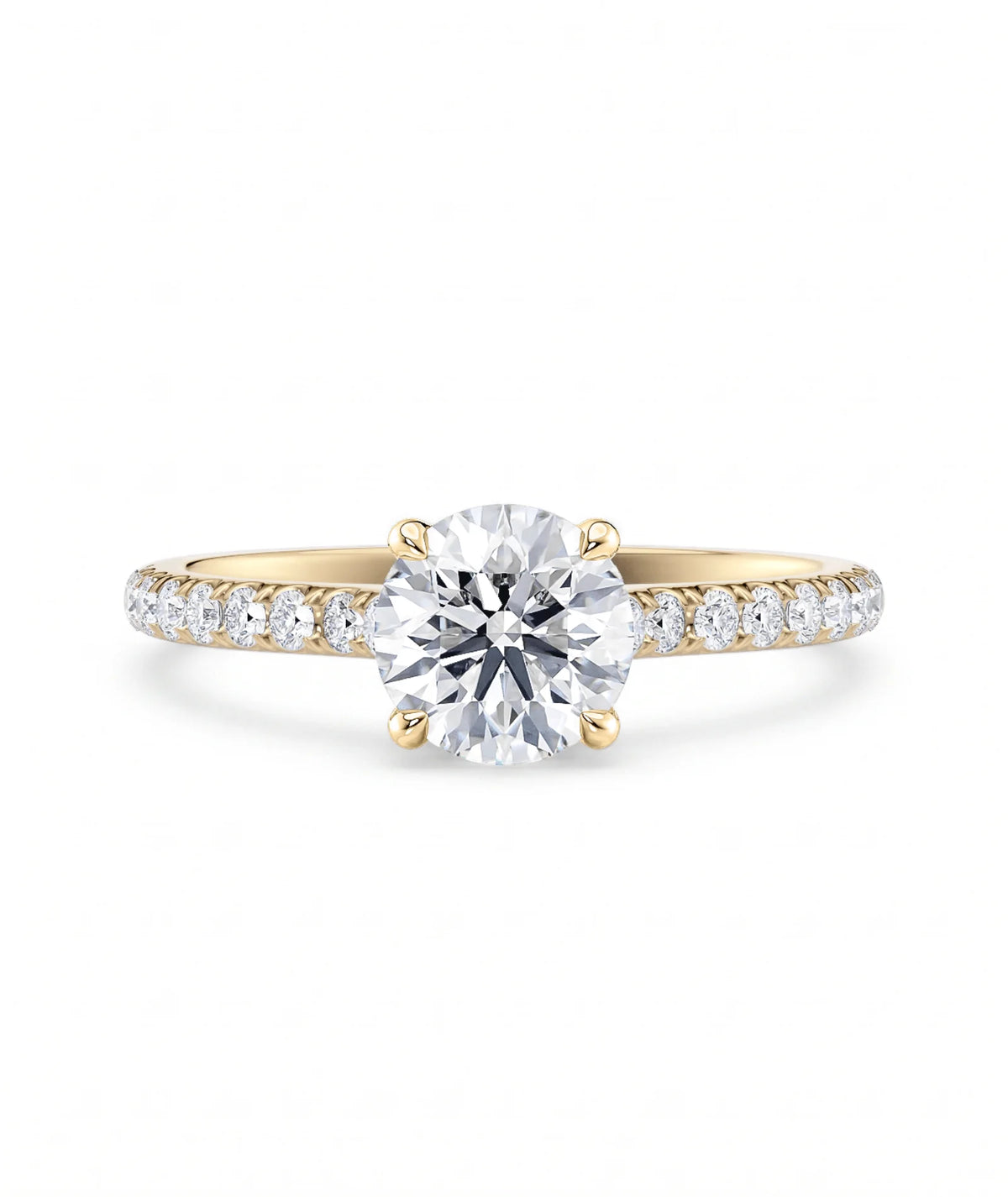 Tynn diamantring pavé gult gull 1,30 ct med lab-diamant, vist liggende forfra, designet av Hartwell.