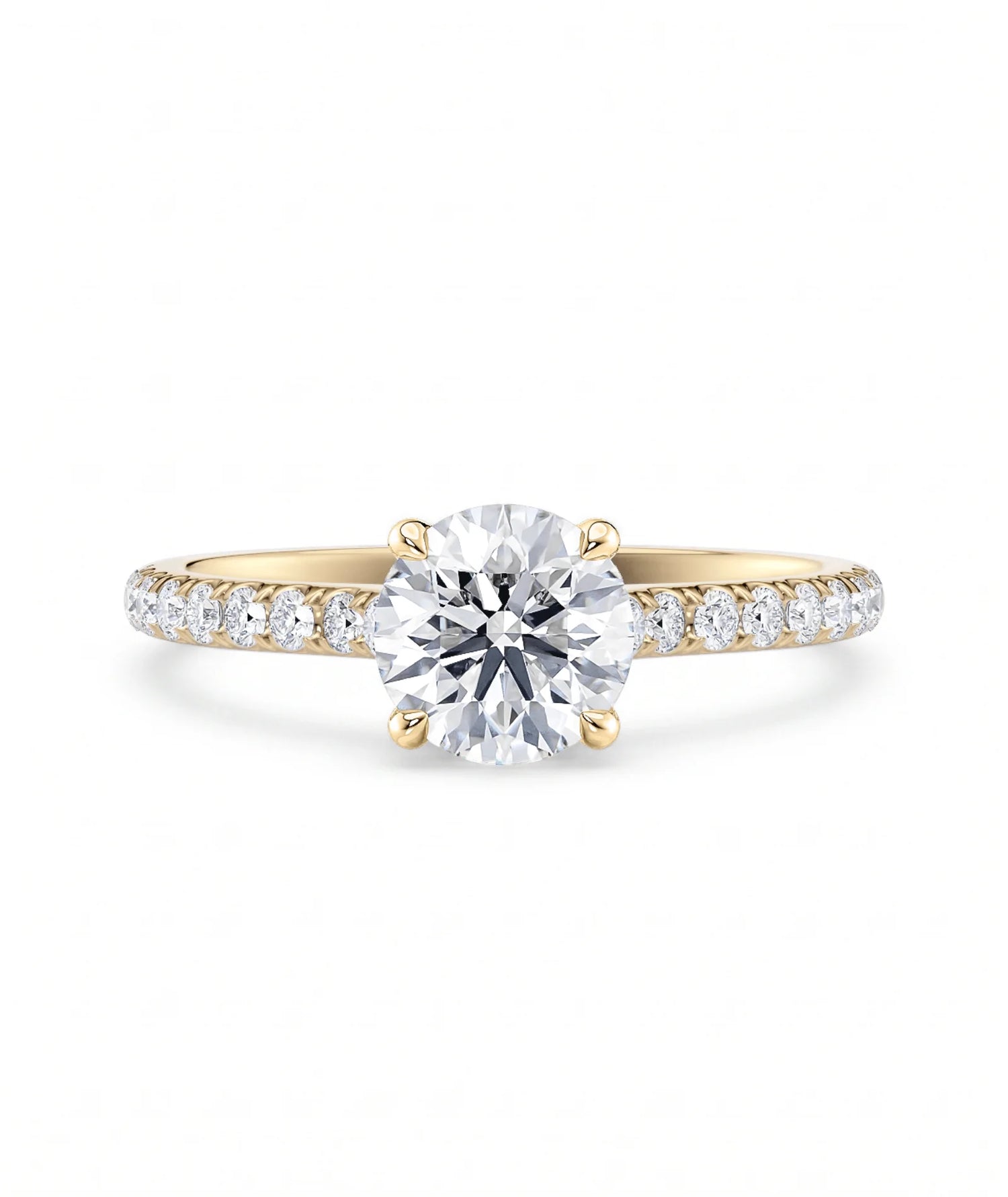 Tynn diamantring pavé gult gull 1,30 ct med lab-diamant, vist liggende forfra, designet av Hartwell.