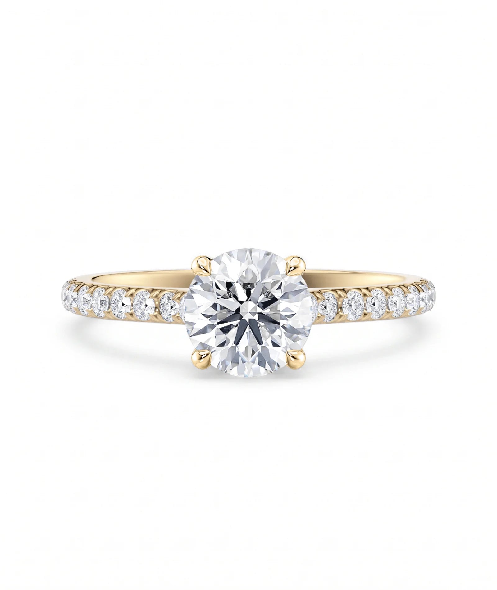 Tynn diamantring pavé gult gull 1,30 ct med lab-diamant, vist liggende forfra, designet av Hartwell.