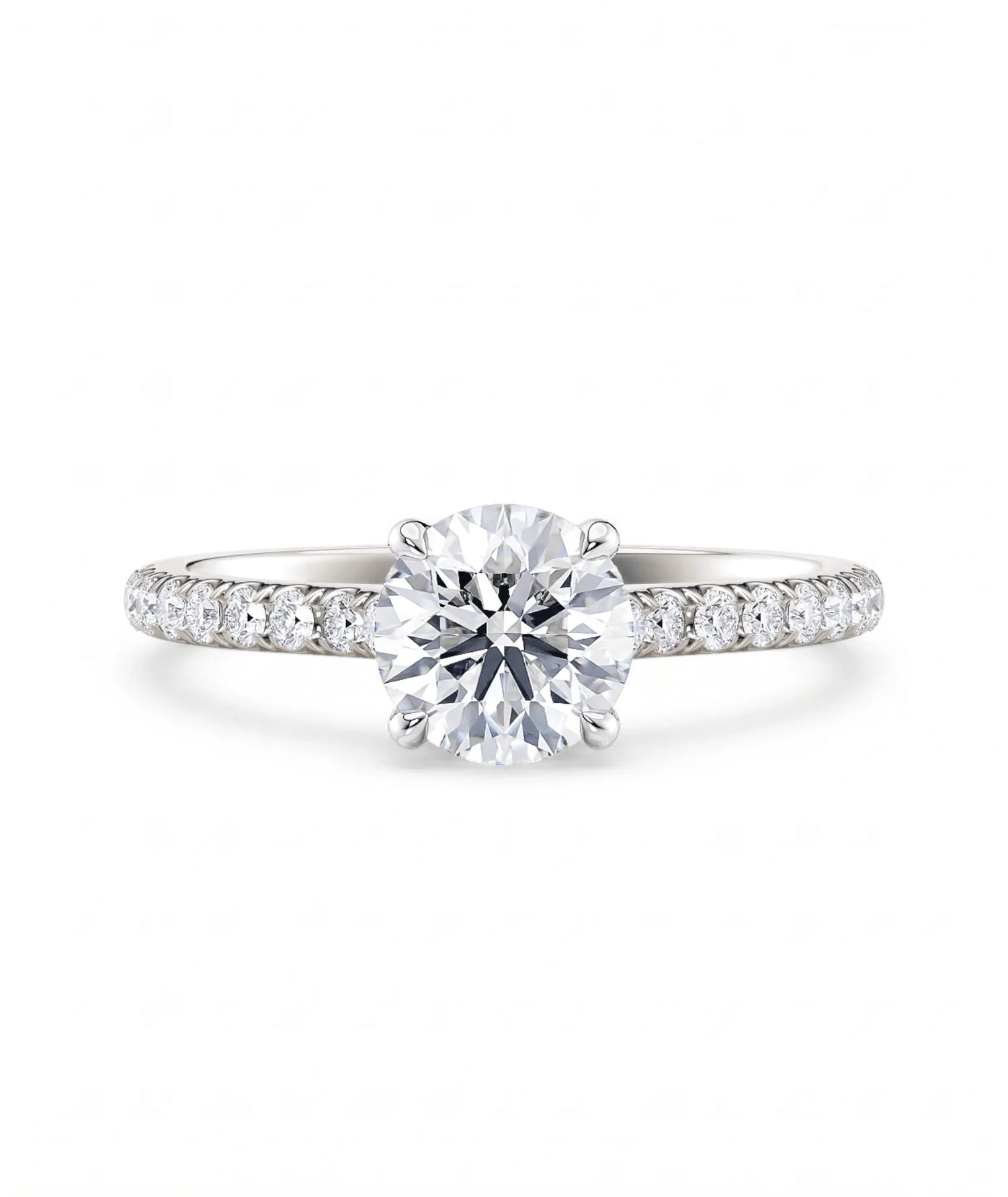 Tynn diamantring pavé hvitt gull 1,30 ct med lab-diamant, vist liggende forfra, designet av Hartwell.