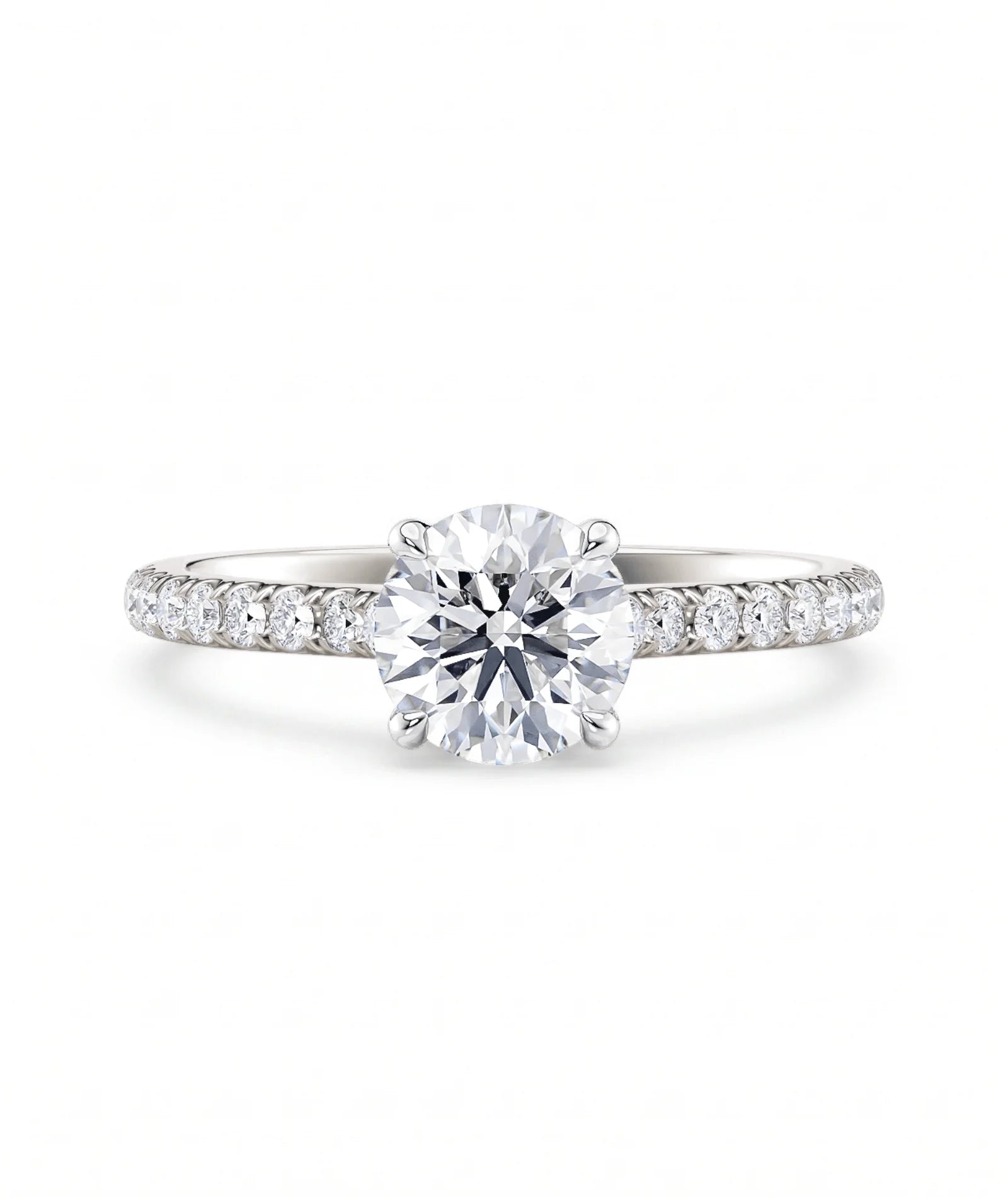 Tynn diamantring pavé hvitt gull 1,30 ct med lab-diamant, vist liggende forfra, designet av Hartwell.