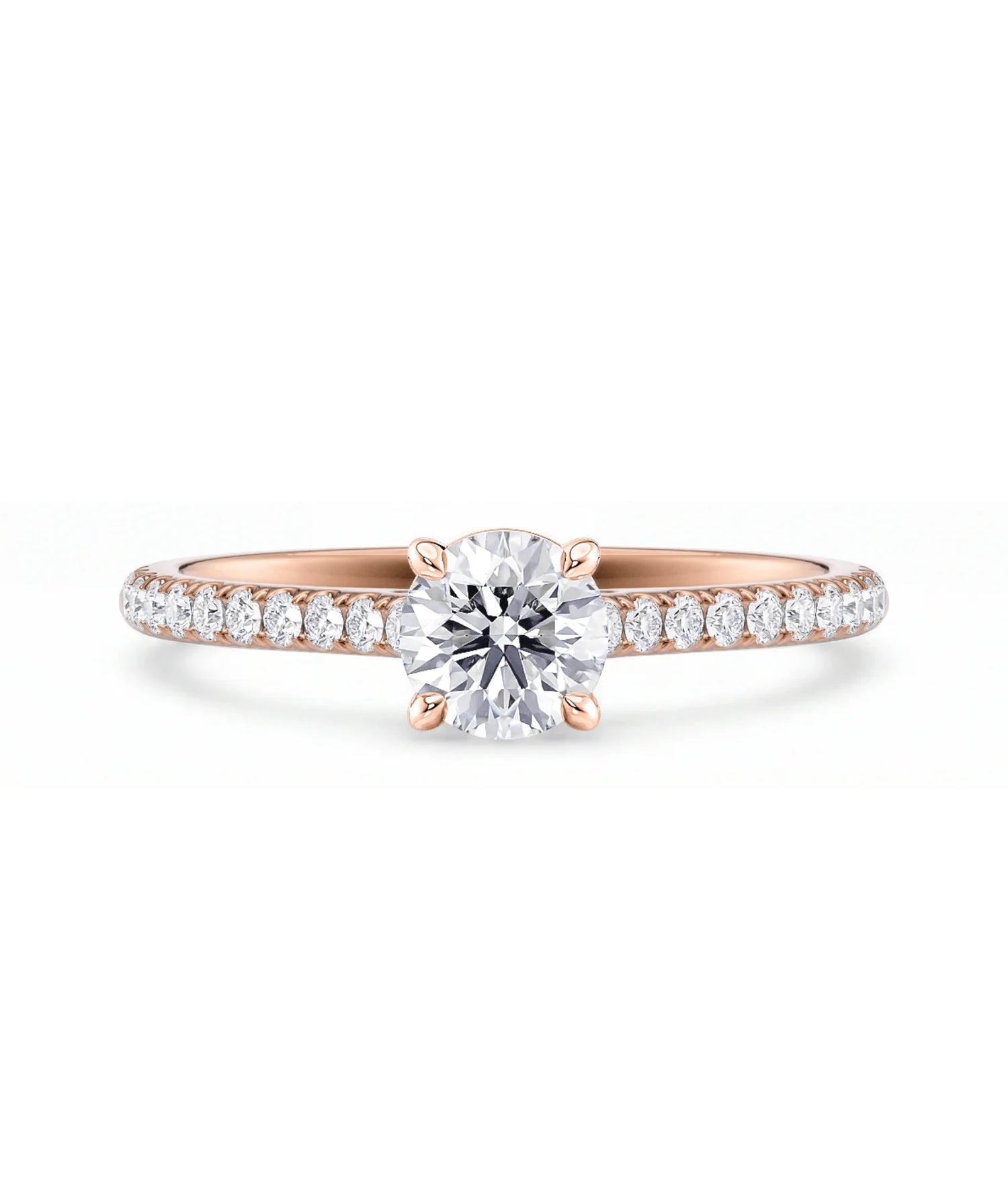 Tynn diamantring pavé roségul 0,76 ct med lab-diamant, vist liggende forfra, designet av Hartwell.