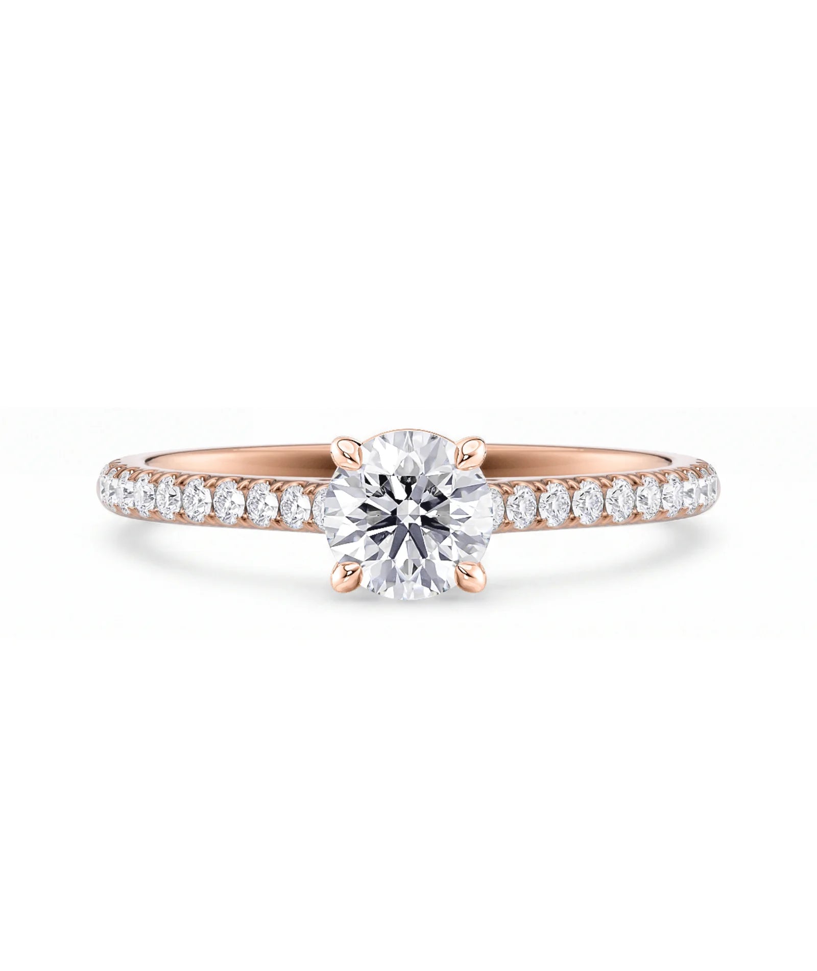 Tynn diamantring pavé roségul 0,76 ct med lab-diamant, vist liggende forfra, designet av Hartwell.