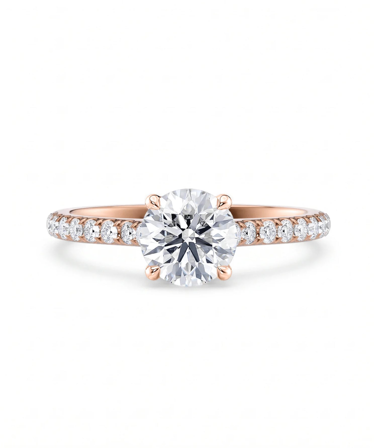 Tynn diamantring pavé roségul 1,30 ct med lab-diamant, vist liggende forfra, designet av Hartwell.
