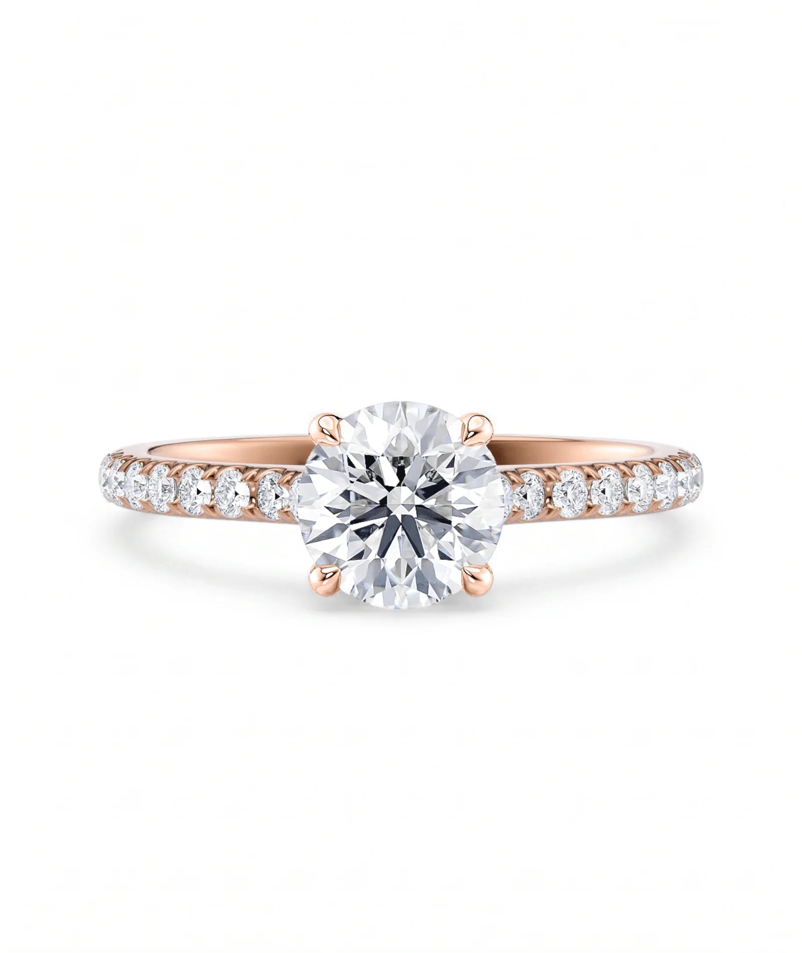 Tynn diamantring pavé roségul 1,30 ct med lab-diamant, vist liggende forfra, designet av Hartwell.
